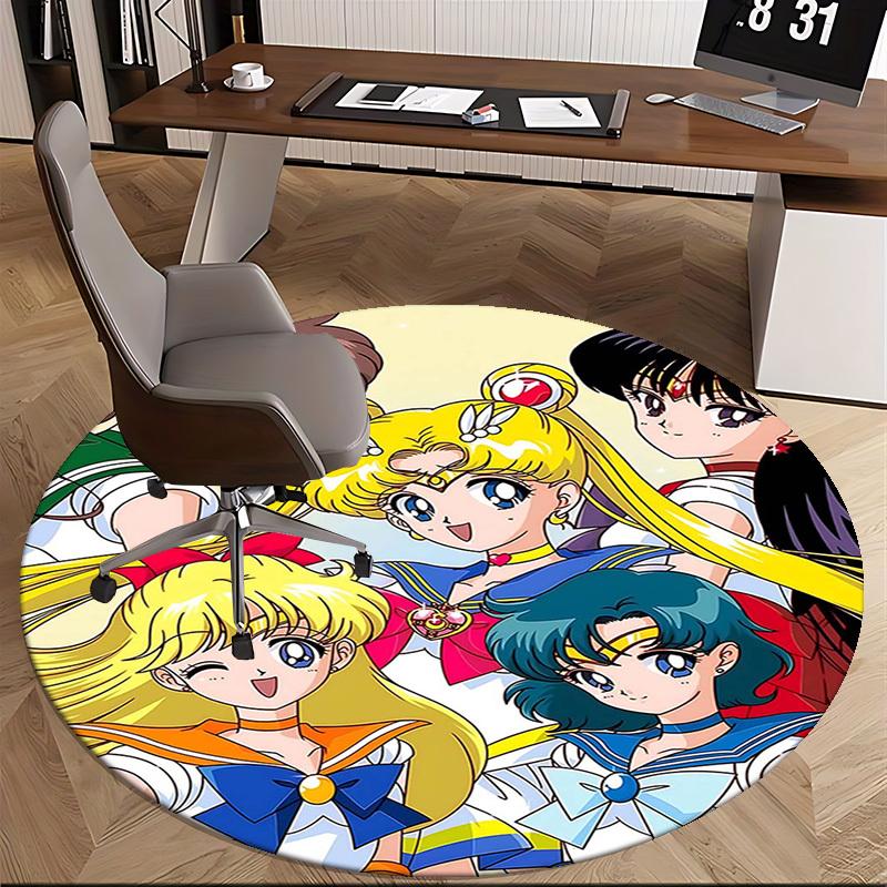 1pc Sailor Moon Anime Cartoon Design Round Carpet  Office Chair Mat, NonSlip Rug for Home Decor, Living Room, Bedroom