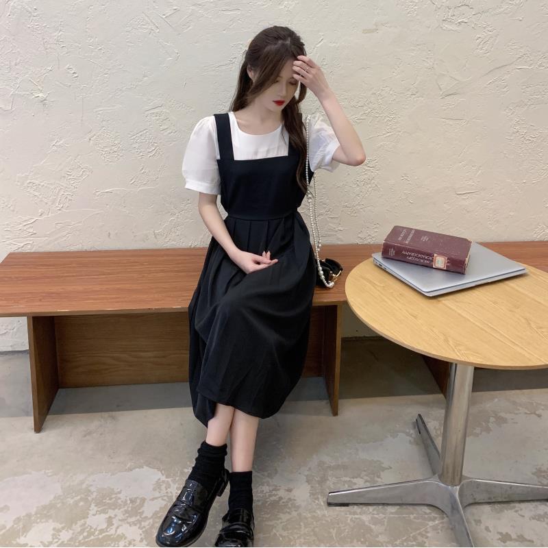 Damen Sommer Faux Zweiteiler Schwarzes Kleid - Französischer Retro, Trägerlang Patchwork Rock