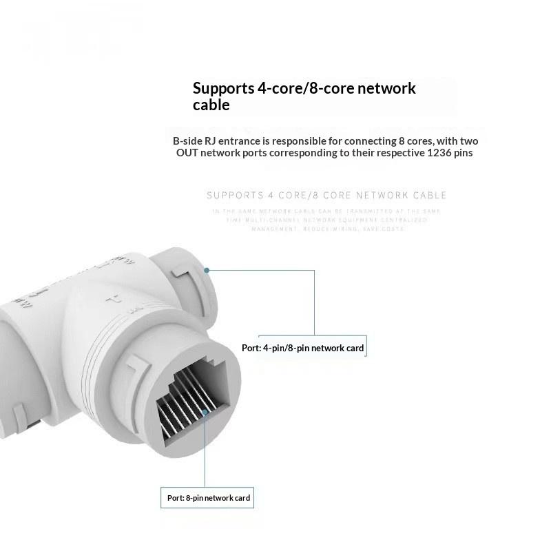 2 In 1 POE Splitter Adapter 3 Way RJ45 Connector Durable Stable Transmission for CCTV IP Camera Security Monitoring System