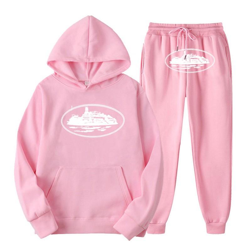 Unisex Hooded Sweatshirt Set Casual Streetwear Tracksuit With Printed Design Loose Fit Cotton Blend