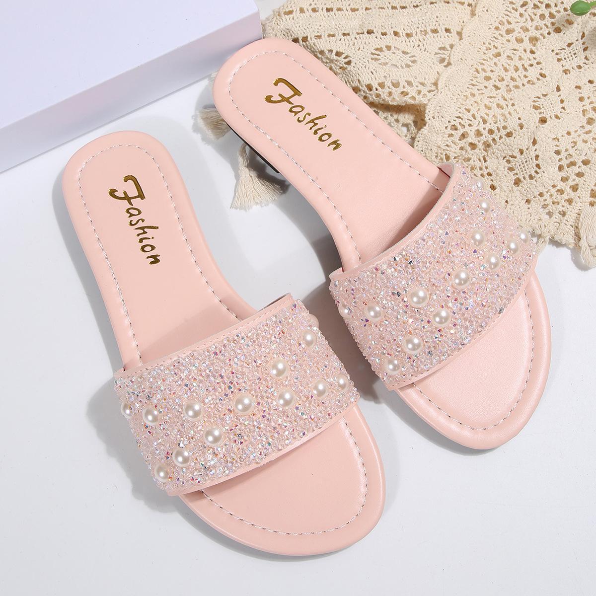 

2025 новые универсальные темпераментные удобные тапочки на плоской подошве с жемчугом и пайетками, модный тренд, повседневные тапочки большого размера 43 розовый