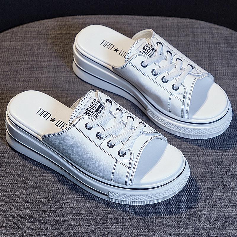 Cool slippers women s summer leather muffin bottom thick bottom sandals women s casual half slippers slippers one word sandals 35