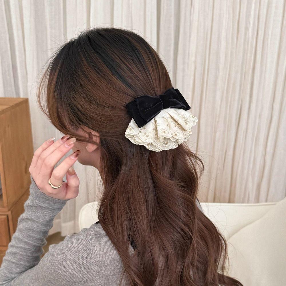 Wine Red Bowknot Spring Clip Cloth Lace Bow Hairpin Sweet Red Velvet Bow Hair Clip  Ponytail Holder
