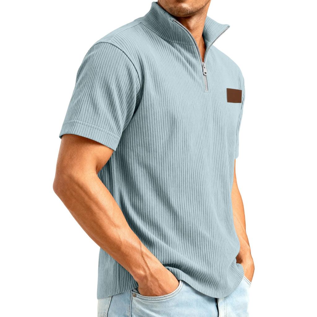 Men's 1/4 Zip Corduroy Short Sleeve Top | Loose Fit Fashion Casual Pullover For Daily Wear