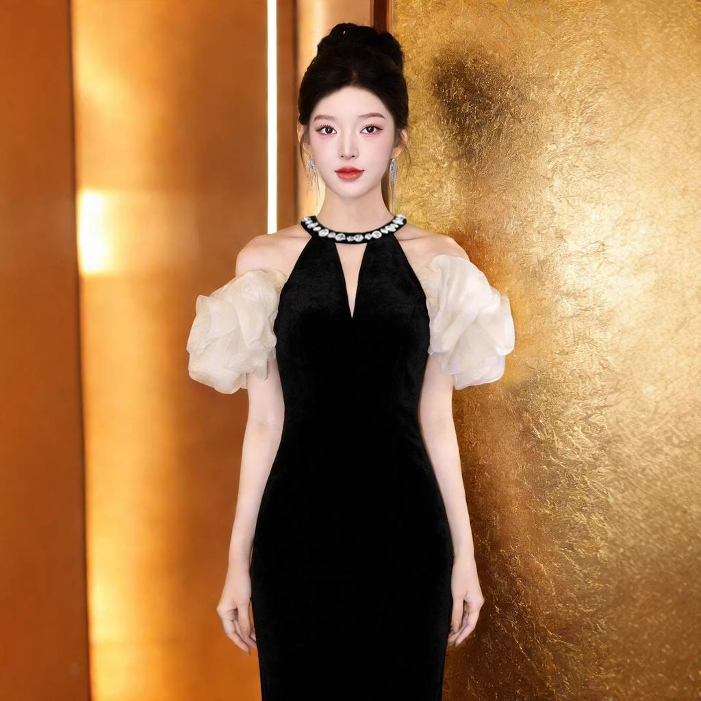 Black Evening Dress Women's 1011 New Light Luxury Niche High-end Fishtail Beautiful Senior Sense Engagement Banquet Host