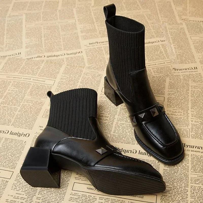 Square High Heel Women Stretch Socks Boots Fashion Slip On Shoes Retro Style Autumn Winter Square Toe Ladies Short Booties