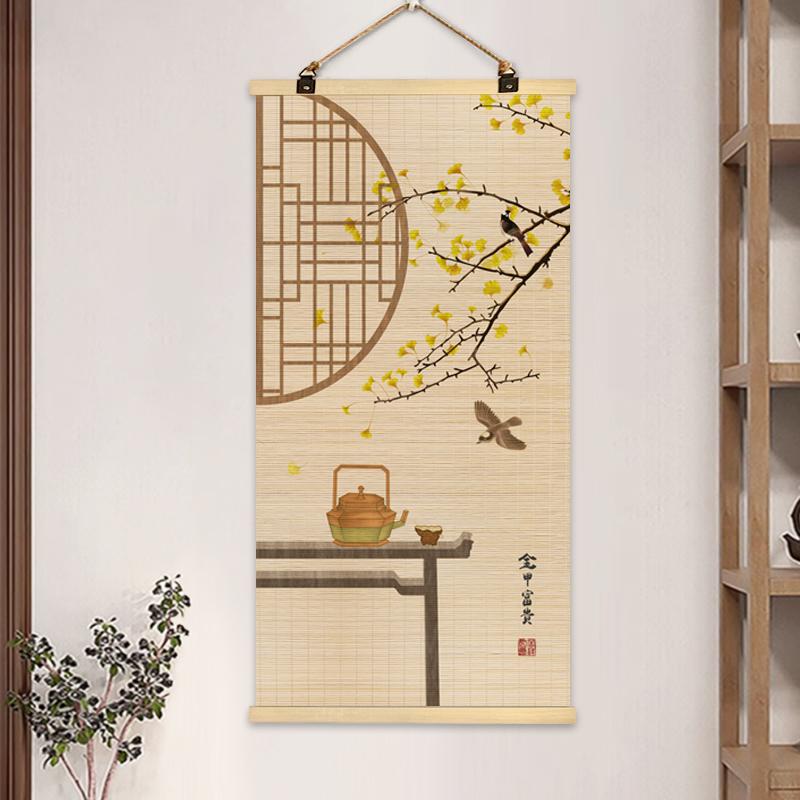 Chinese Bamboo Curtain Hanging Painting Bamboo Scroll Decorative Painting Hanging Paintings on The Entrance Wall Home Decoration