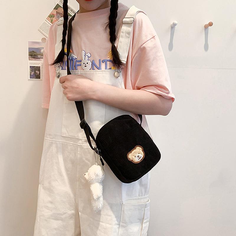 Portable Corduroy Bear Phone Crossbody Bag Mobile Phone Coin Purse Fashionable Cross Small Bag Corduroy Mini Bag