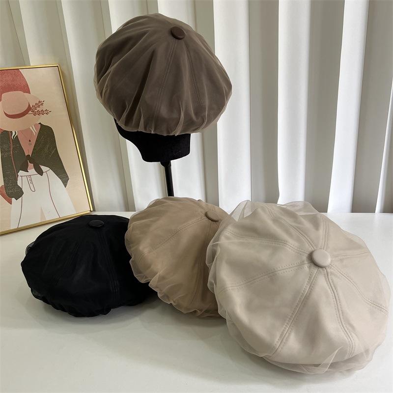 Autumn and Winter New PU Leather Mesh Yarn Brimeless Octagonal Beret Women's Leisure Show Face Small Painter Hat Fashionable