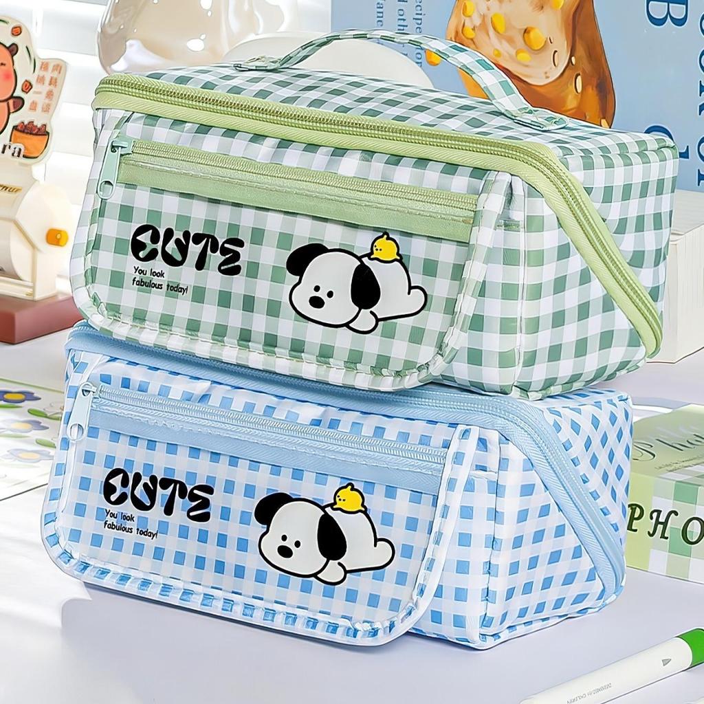 Cute Plaid Puppy Large Capacity Pencil Case Multi-Function Cartoon Stationery Bag with Prism Design Stain Resistant