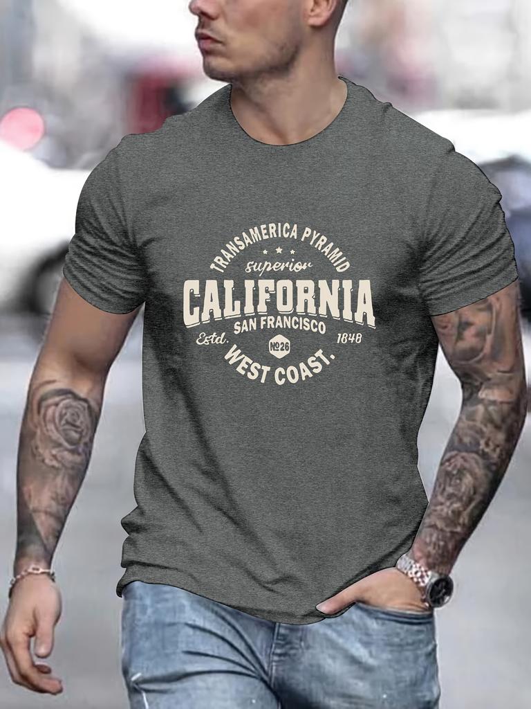 Herr California Grafisk T-shirt - San Francisco 1905 Västkustdesign, Ledig Kortärmad T-shirt, Maskintvättbar, Rund Halsringning