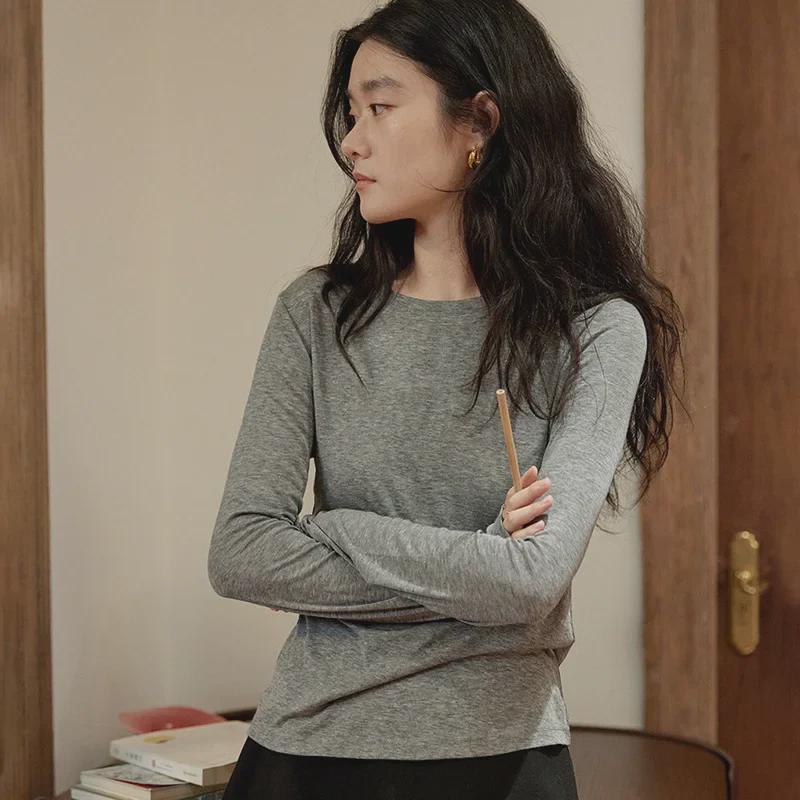 Luxury Tencel Wool Soft Long-Sleeve Slim-Fit Round Neck T-Shirt for Women - 2024 Autumn Collection