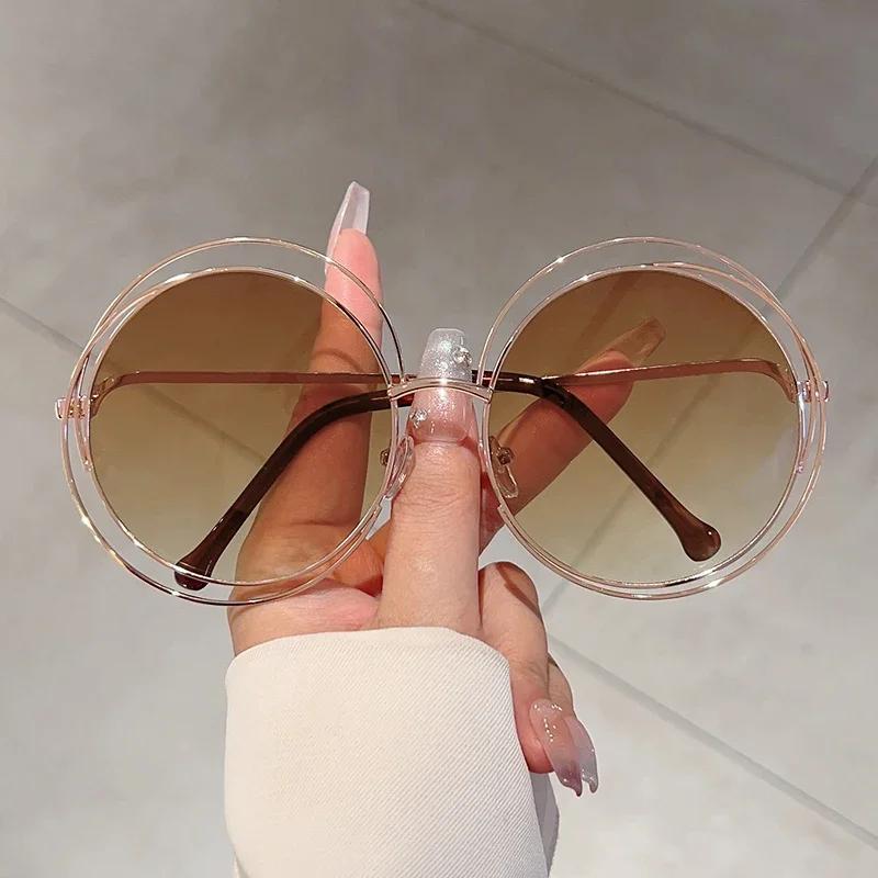 Vintage Round Oversized Sunglasses for Women Brand Designer Gradient Shades Metal Frame Lady Sun Glasses Lentes  Mujer