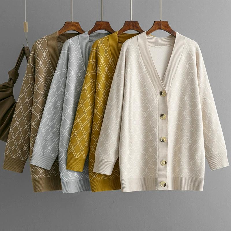 Autumn and Winter New V-neck Cardigan Sweater Cross-border Women's Casual Loose Diamond Grid Knit Sweater Jacket