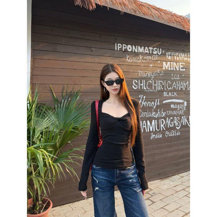 Women s Red V-Neck Long Sleeve Slim Fit Top - 2026 Spring/Autumn Collection S чёрный
