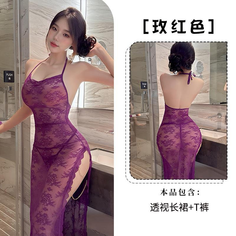 Sex underwear lace suspender long dress pure desire temptation perspective uniform qqny set 949