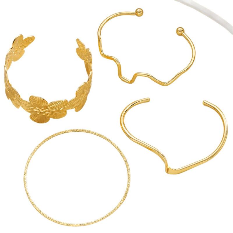 Conjunto de 4 Peças/Conjunto de Pulseiras Metálicas com Flores e Linhas em Relevo para Mulheres Senhoras Simplicidade Exagerada Conjunto de Pulseiras Acessórios de Joias para Férias