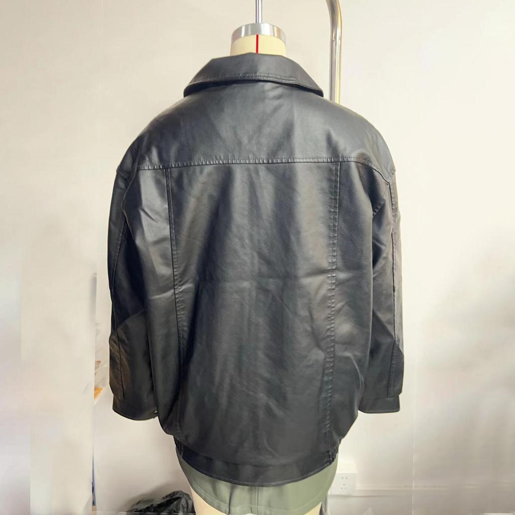 Fall Winter Women Lapel Collar Long Sleeve Slim Fit Zipper Pu Leather Jacket