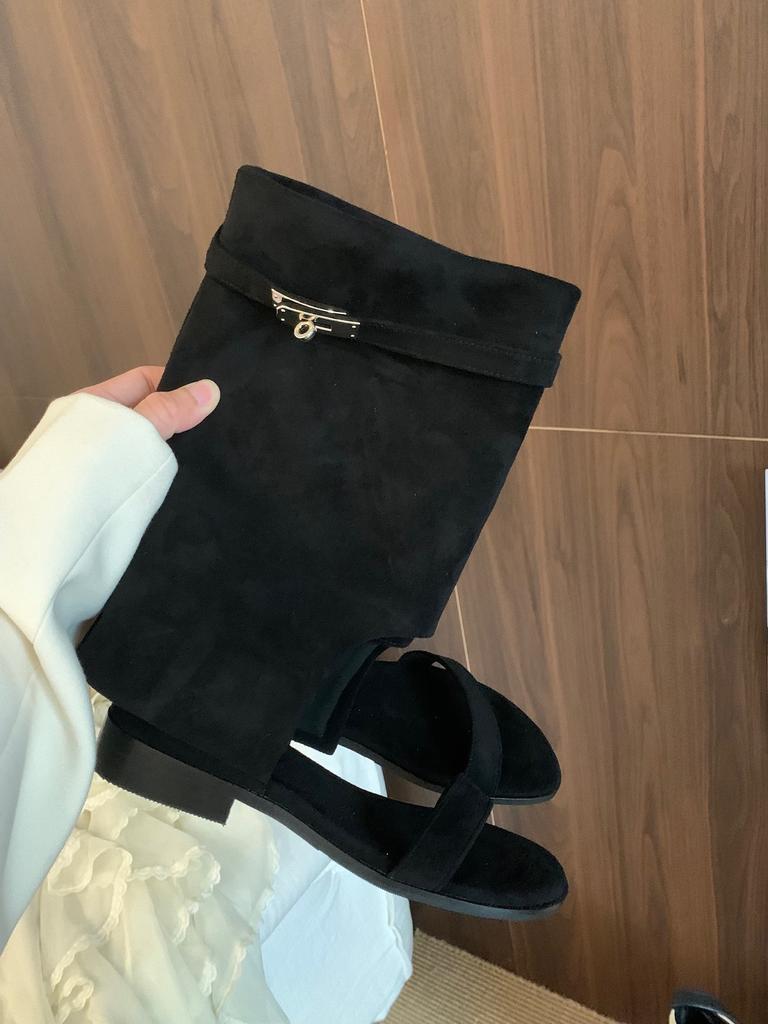 French niche Spice Girls Pant Pants Boots Women's New Versatile Open-toe Cool Boots Western Boots Metal Buckle Roman Sandals
