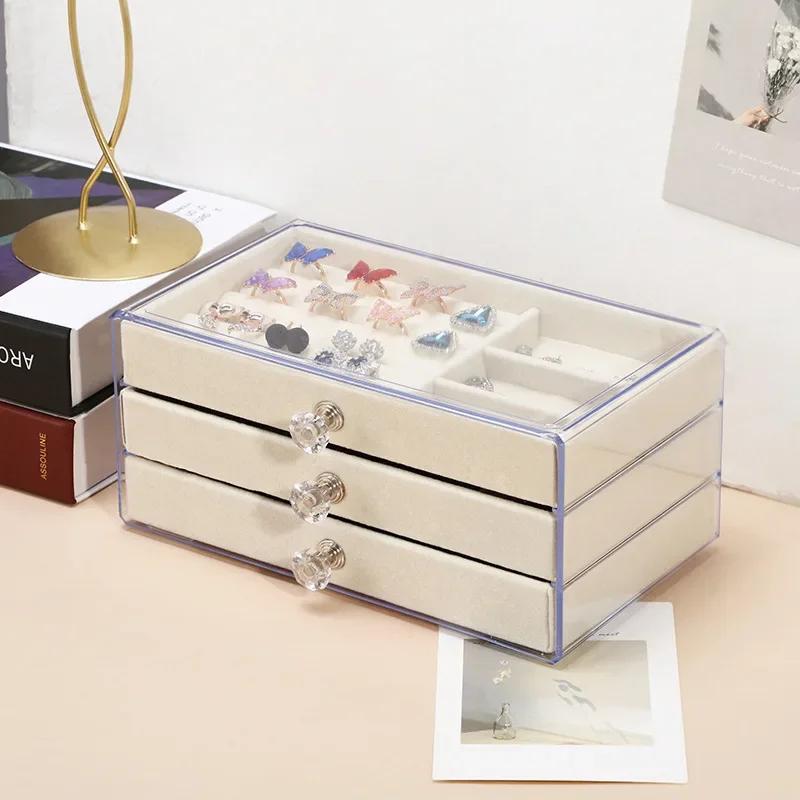 Velvet Stud Earrings Storage Box Three Layer Jewelry Organizer Dust Proof Drawer Design for Accessories Dressing Jewelry Box