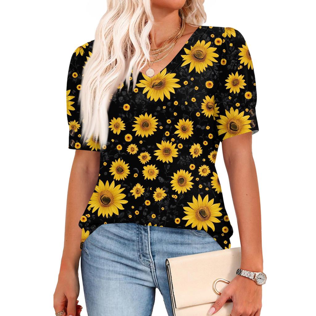 Womens Tops Short Sleeve Shirts Buttons V Neck Fashion Outfits Blouses Casual