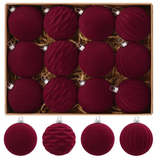 12 Pcs Velvet Christmas Balls Flocking Balls Christmas Tree Ornament Shatterproof Plastic Hanging Baubles Decoration for Xmas Tree Party Home