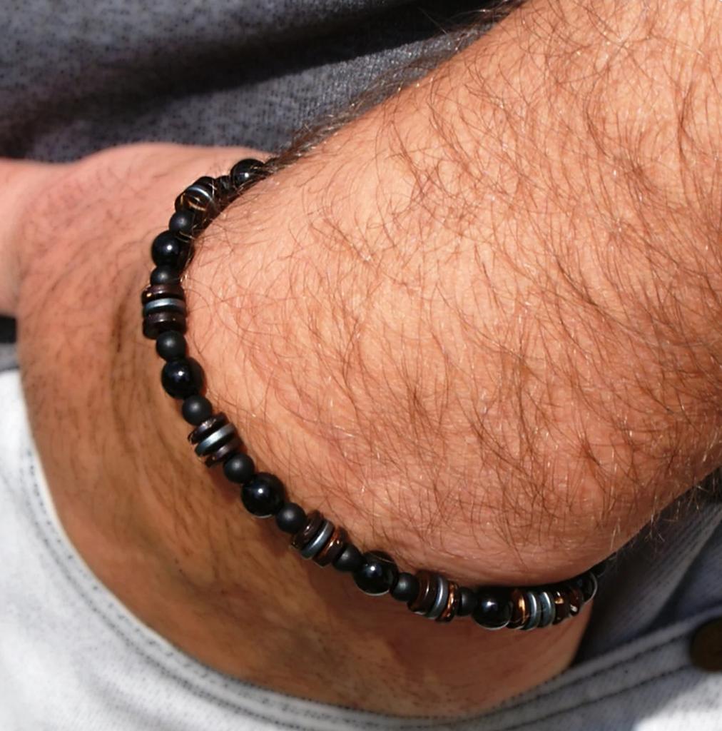 Mens Beaded Black Onyx And Green Plated Hematite Spacers With Wooden Beads 6mm Matte Mat Black Bracelet