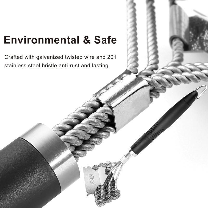 3in1 Grill Brush and Scraper with Handle Safe BBQ Brush Stainless Steel Bristle Grill Grate Cleaner for Grilling Grates Tool