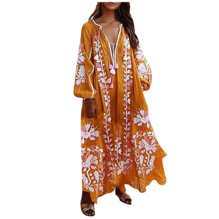 Fashion Casual Bohemian Long Sleeve V Neck Dress Women Long Dresses