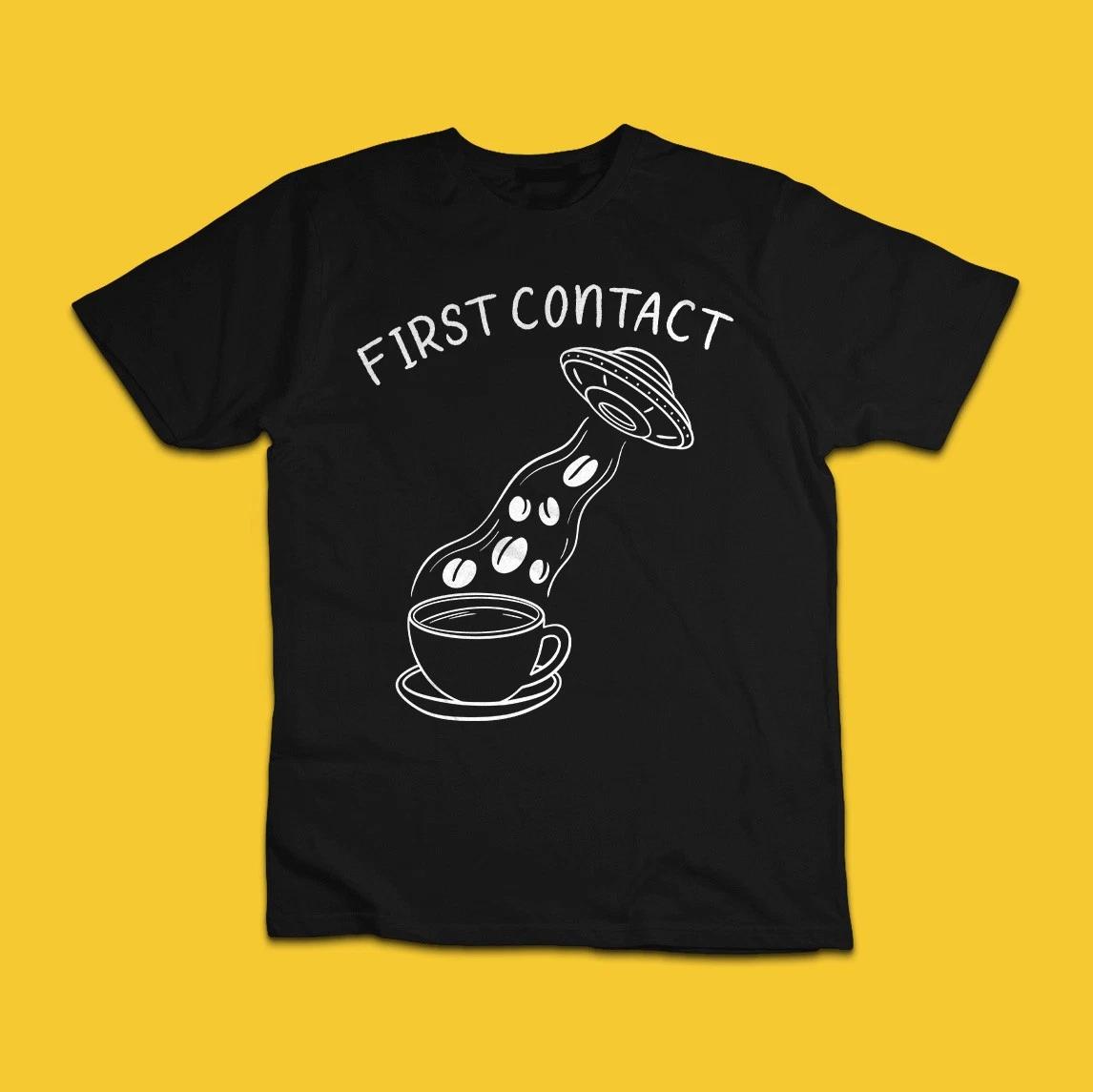 First Contact Funny UFO Coffee Abduction Alien Graphic T-Shirt 3XL