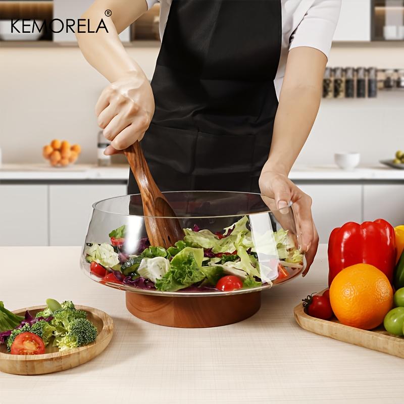 KEMORELA 1PCS Glass Salad Bowl Set with Wooden Base Large Hand-blown Glass Bowl Restaurant Essentials Fruit Salad Bowl