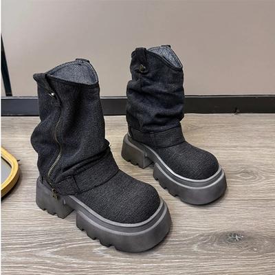New Denim Breathable Ankle Boots Women  Autumn Chunky Heel Non-slip Platform Boots for Women Fashion Zip Design Biker Boots