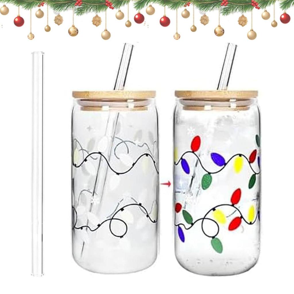 Color Changing Cups With Lids And Straws Christmas Color Changing Cups With Lid Straw Reusable Glass Drink Bottle For Hot