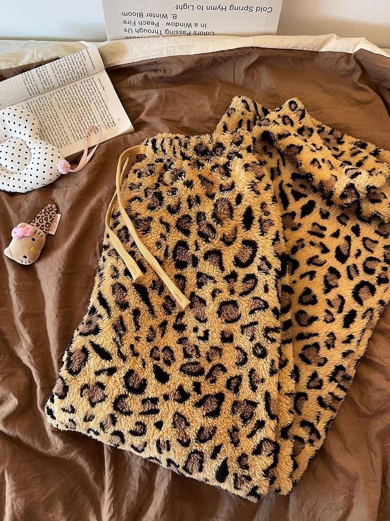 Jogging Velours Large Jambe Imprimé Léopard Taille Haute à Cordon de Serrage pour Femmes