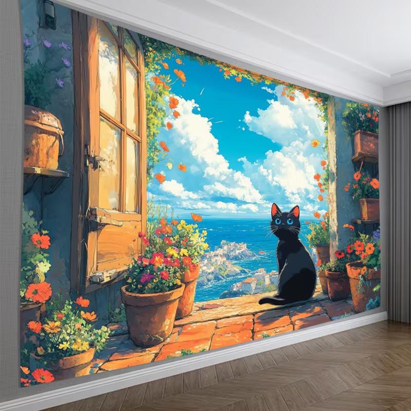 2D Mediterranean Window Cat Coastal Scenery Wall Hanging 47.2x31.5inch/120*80cm