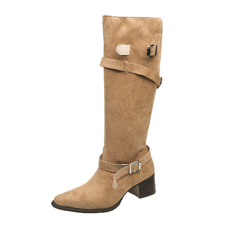 But knee boots women's spring and autumn khaki suede pointed boots children thick heel thin pleated piled boots