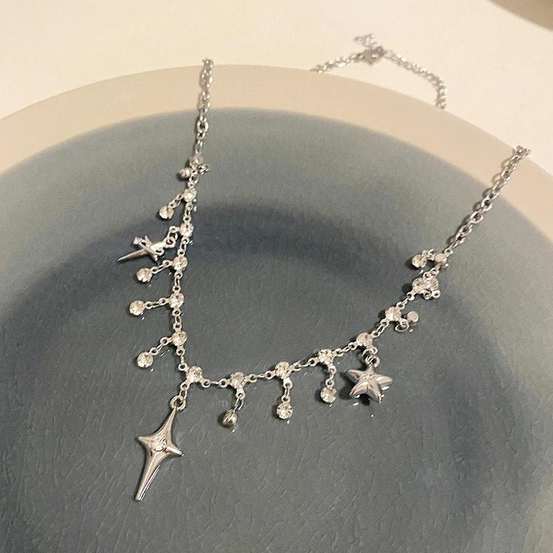 

Personality Four-pointed Star Cross Crystal Pendant Necklace for Women Girls Charm Silver Color Zircon Choker Hip Hop Jewelry серебряный