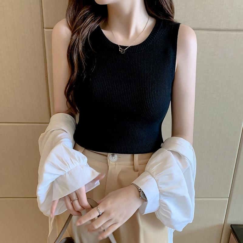 Summer Sleeveless Knitted Casual Tank Tops Women Camis Fashion Solid Slim Fit Round Neck Base Tanks Vests Women Simple Office Ladies Tank 26299