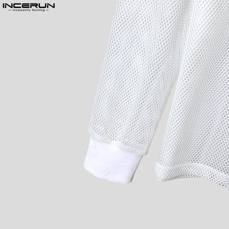 INCERUN Men Long Sleeve Print Hollow Out Fishnet Loose Sport Tops