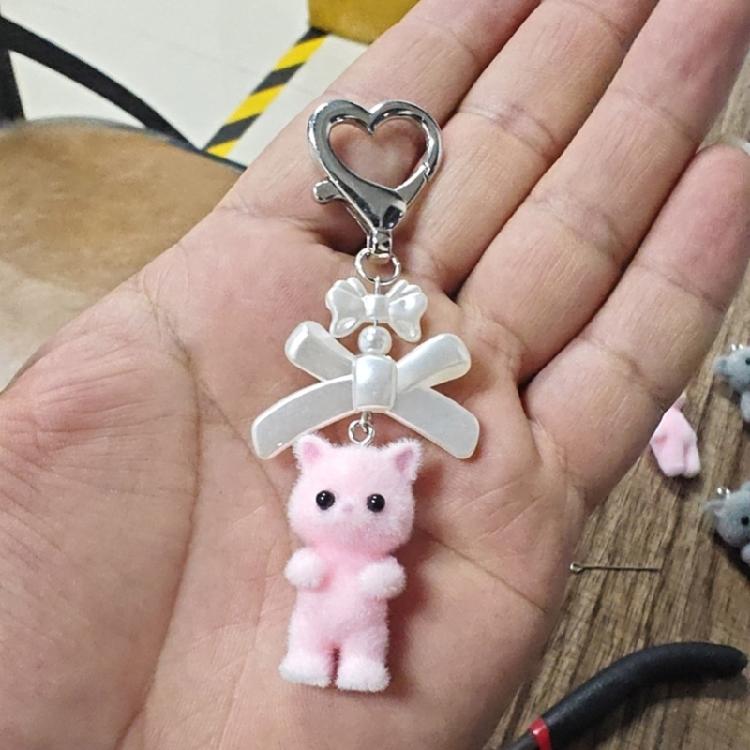 Cute Flocking Animal Keychain Cat Bear Doll Bowknot Pendant Keyring Accessories