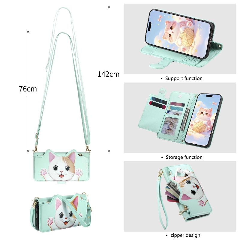 Cute Cat Leather Zipper Crossbody Flip Wallet Card Slots Phone Case For iPhone 17 16 15 14 13 12 11 Pro Max Plus 17E 16E 17Air