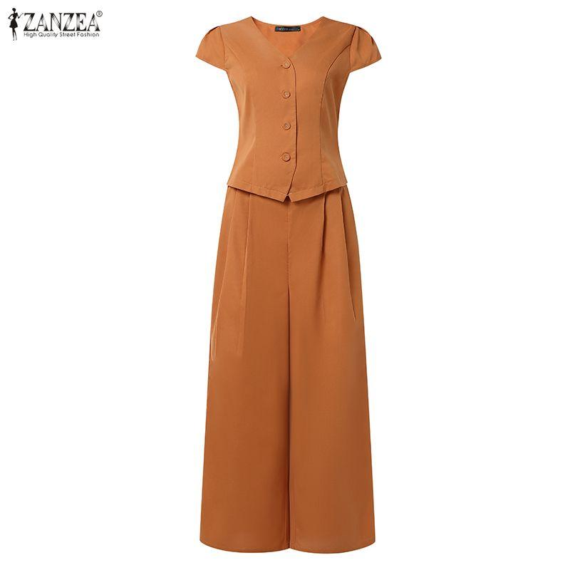 ZANZEA Women Short Sleeve Blouse and Long Pants Casual Two Piece Suit Sets
