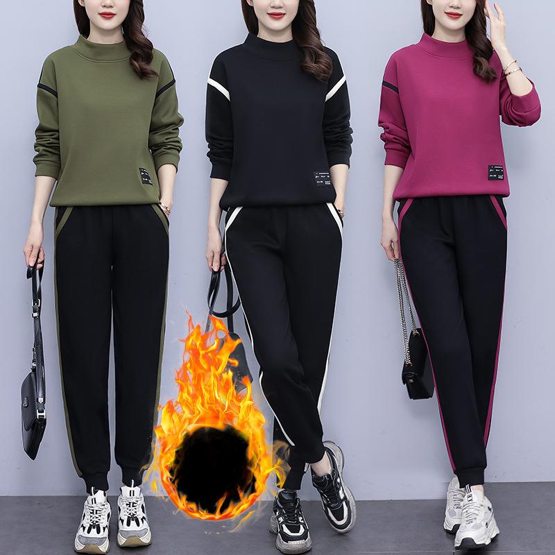 Plus Velvet Thickened Casual Sports Suit Women's Autumn and Winter Models Plus Size Fashion Sweater Sweatpants Two-piece Suit