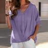 Women's Casual Loose Fit Short Sleeve V Collar Cotton Linen Shirt Top