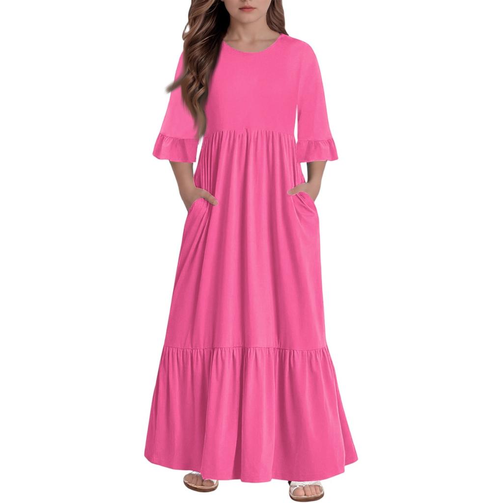 Girls' Tiered Ruffle Dress - 3/4 Sleeve Pocket Maxi With Pockets