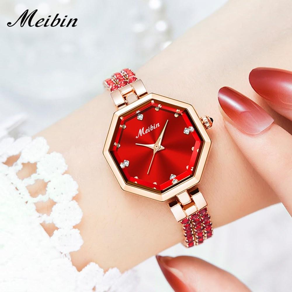 deselon Women's Square Crystal Bracelet Watch Stylish Waterproof Red