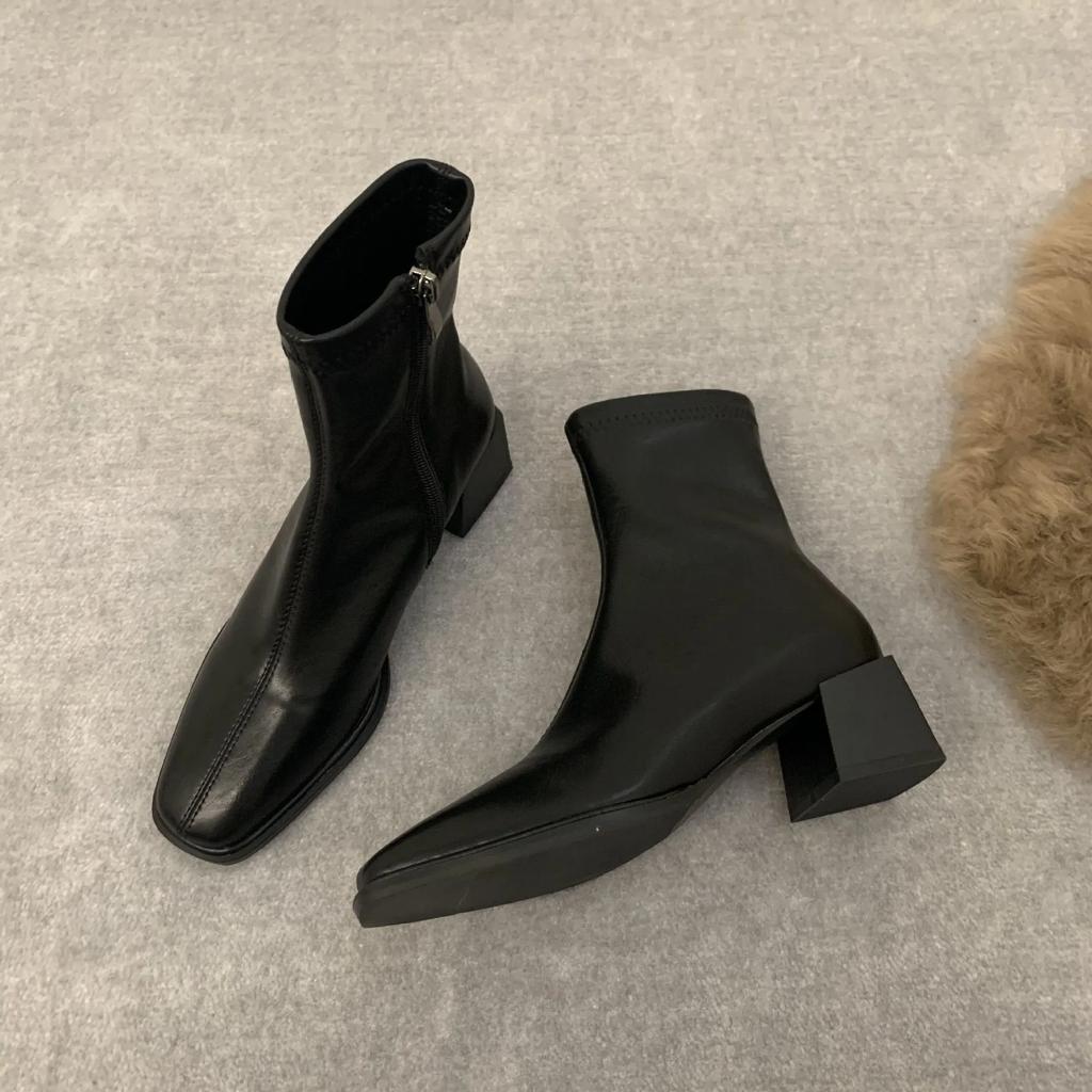 Štvorcová špička Dámske členkové čižmy Flock Stretch Topánky Tenké stredné podpätky Čierna/hnedá/béžová Zadný zips Šaty na zips Ponožkové čižmy Žena Veľkosť 35-40