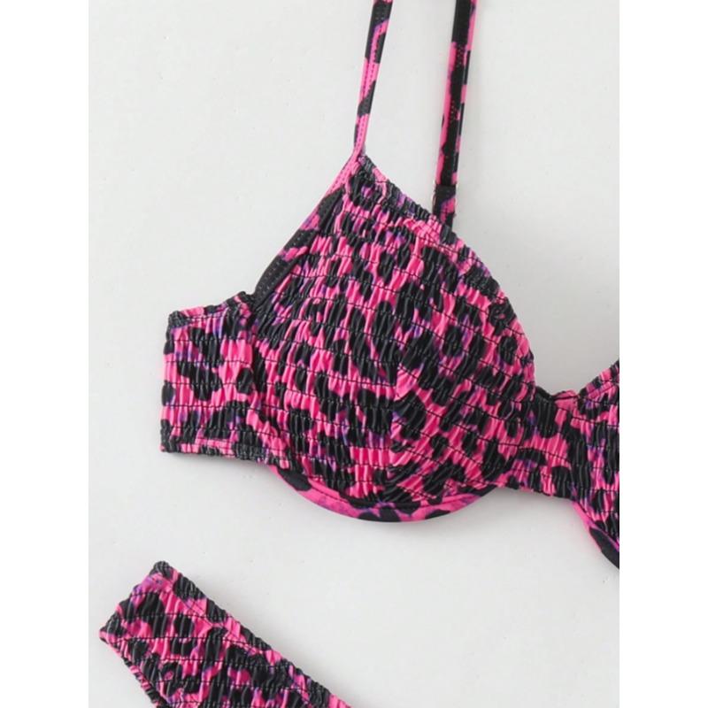 Neon Pink Black Leopard Print Smocked Two Piece Bathing Suit