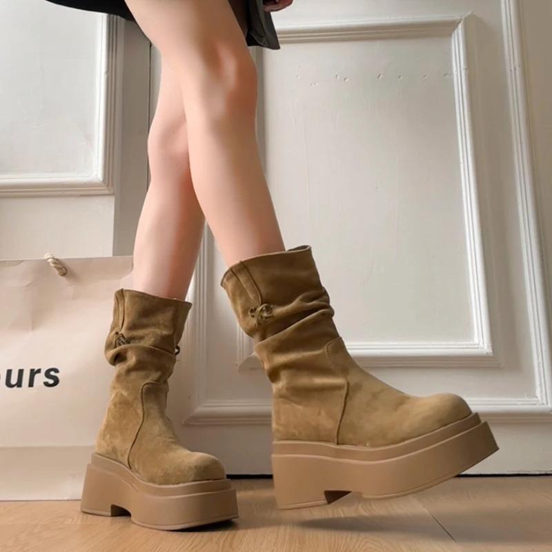 Vintage Platform Thick Bottom Women Western Ankle Boots Fashion Tassel  Slip On Shoes Autumn Winter Female Chunky Short Booties