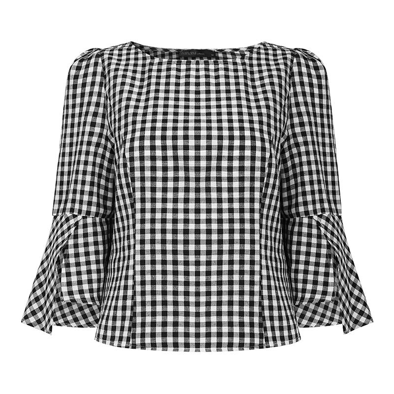 ZANZEA Women Casual Round Neck 3/4 Sleeve Loose Plaid Print Blouse